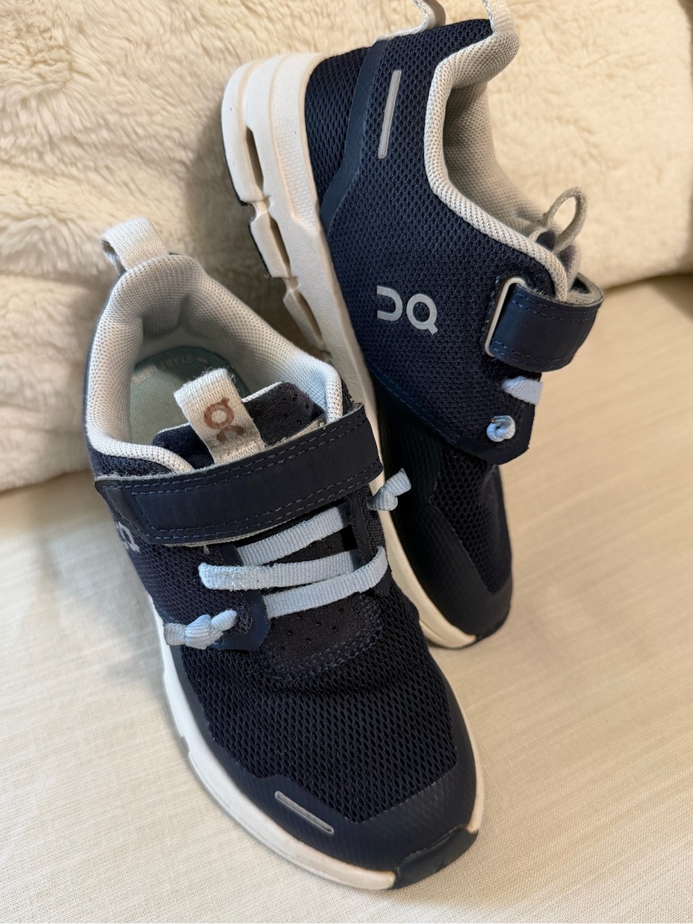 On Running Kids Navy and White Sneakers with Easy Velcro Strap